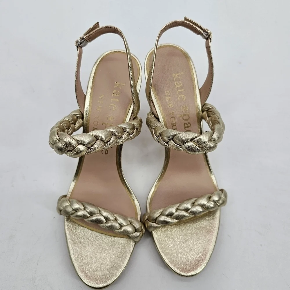 Kate Spade Saffron Heels Sandals Metallic Gold Braided in Pale Gold 7.5 NEW